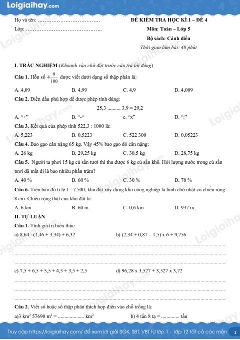 Đề kiểm tra học kì 1 Toán 5 Cánh diều - Đề số 4